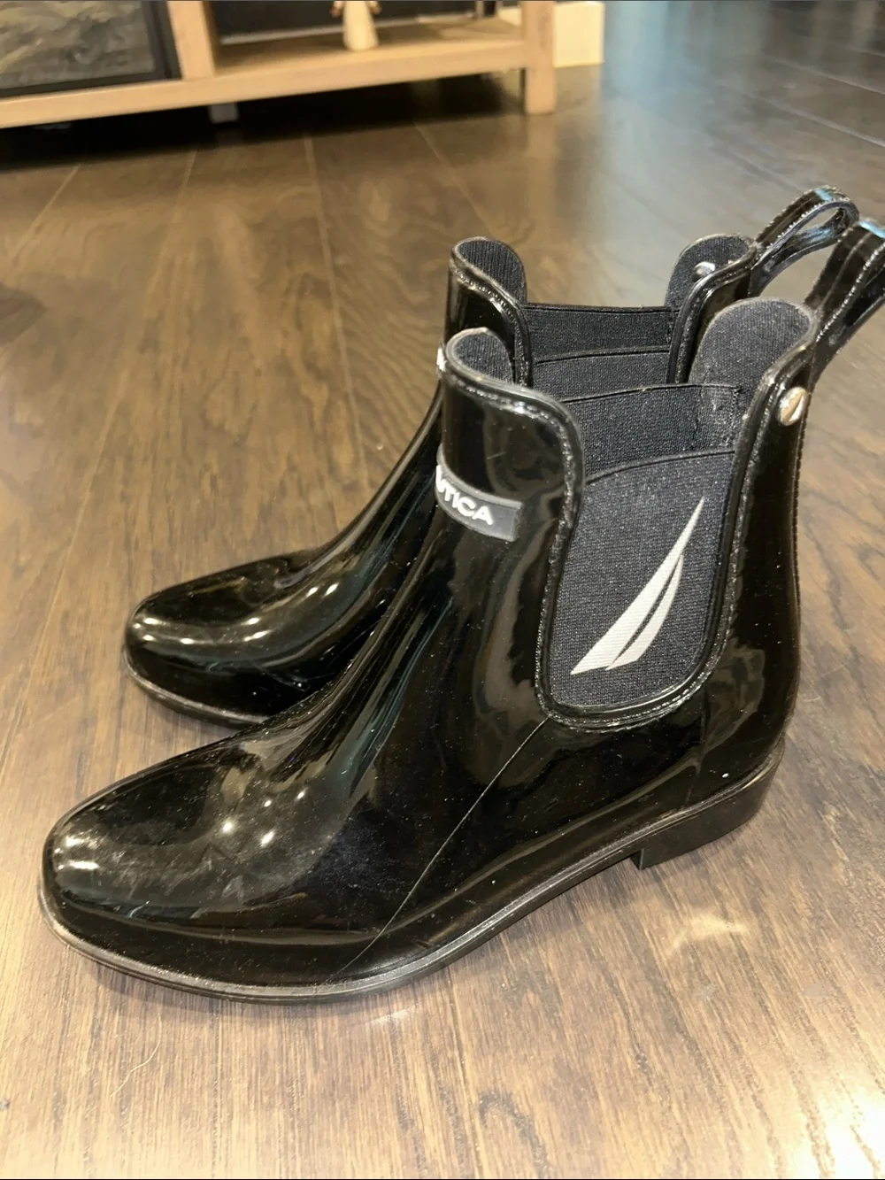 Nautica Shiny Black Pull-Tab Chelsea Rain Boots